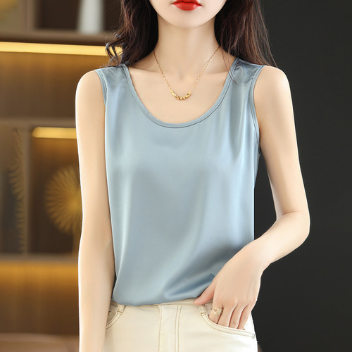 Spring and summer satin mulberry silk glossy wide shoulder suspenders round neck sleeveless vest women's inner layering shirt foreign trade wholesale
