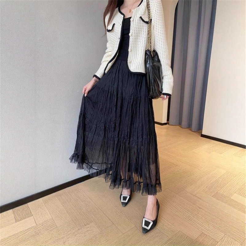 ES99浪漫仙美千金网纱裙不规则压皱织面中长款半身裙女2025秋|undefined