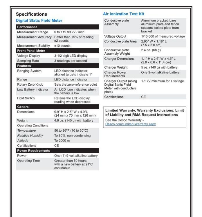 美国Desco 19442 数字静电场测试仪 手持式静电电压测试