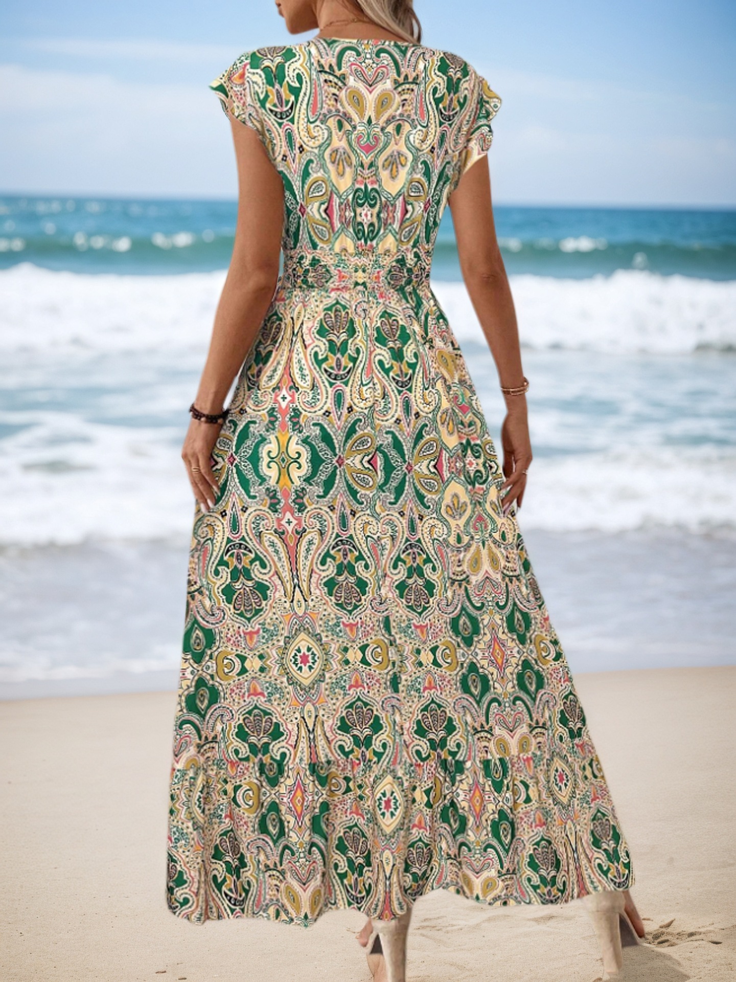 European And American Summer Bohemian Beach Vacation Style Printed Women's Cross-Border Waist-Cinching Long Dress_ecoleips.com