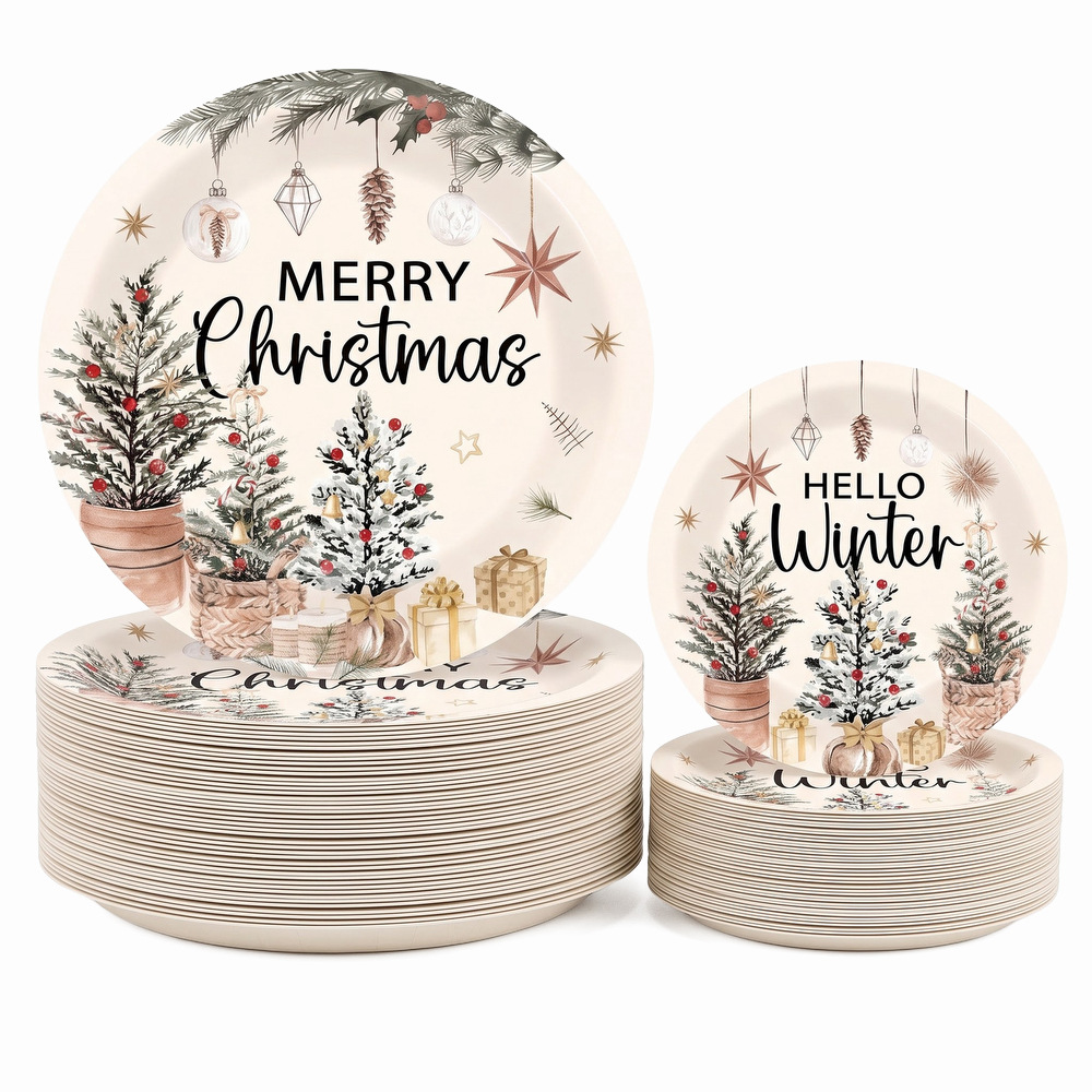 Nordic Nude Christmas Paper Plates Hello Winter Potted Christmas Tree Disposable Large Party Dinner Plates