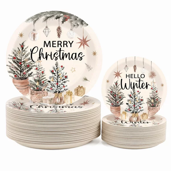Nordic Nude Christmas Paper Plates Hello Winter Potted Christmas Tree Disposable Large Party Dinner Plates