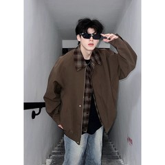 棕色假两件短款外套男款春秋青少年酷帅美式上衣高级感衬衫领夹克