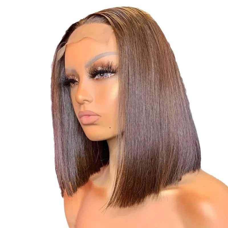 Parrucca sintetica premium corta con riga centrale dall'aspetto naturale, morbida parrucca castana per l'eleganza quotidiana e la versatilità nello styling_voghion.com