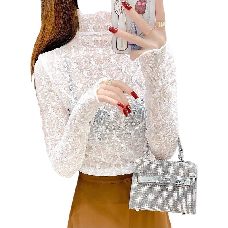Lace Top Women's Autum See-Through Inner Shirt High-Bottom Foreign Style Rhombus High Collar Slim Mesh Bottoming Shirt