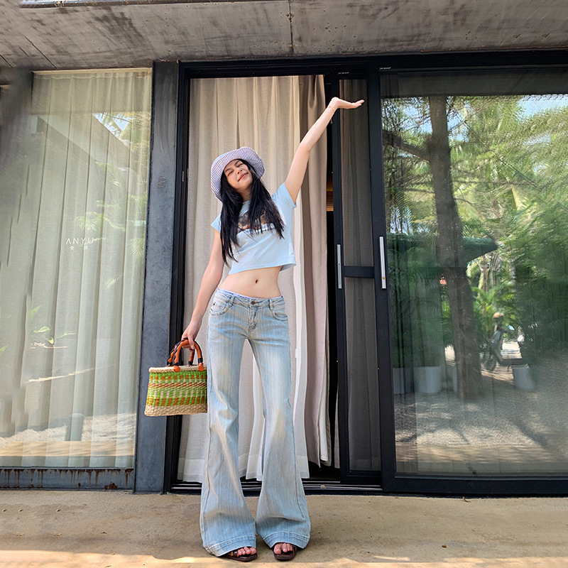 [Sanya] 25SS New Wandee Blue Light Low Waist Slightly Loose Elastic Slim Denim