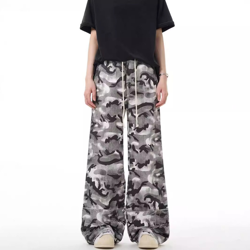 High-class Hiphop Camouflage Jeans Men's American-style High Street Retro Destruction Stacking Dipped Micro Straight Pants