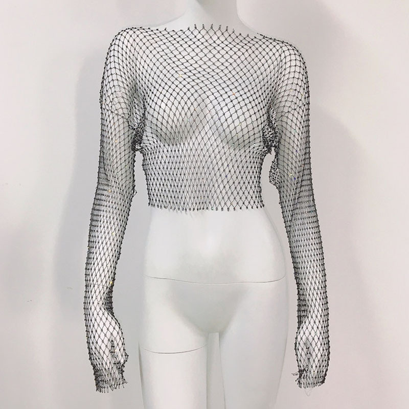 De Europa y América transfronteriza de las mujeres calientes de malla de diamantes de imitación red de pesca de manga larga Sexy Slim rhinestone Top party chica caliente de manga larga