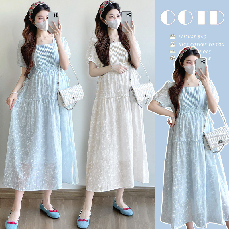 Real Shot of 2025 Maternity Wear Summer Printed Fashionable Elastic Waist Elegant Gentle Trendy Mom Dress