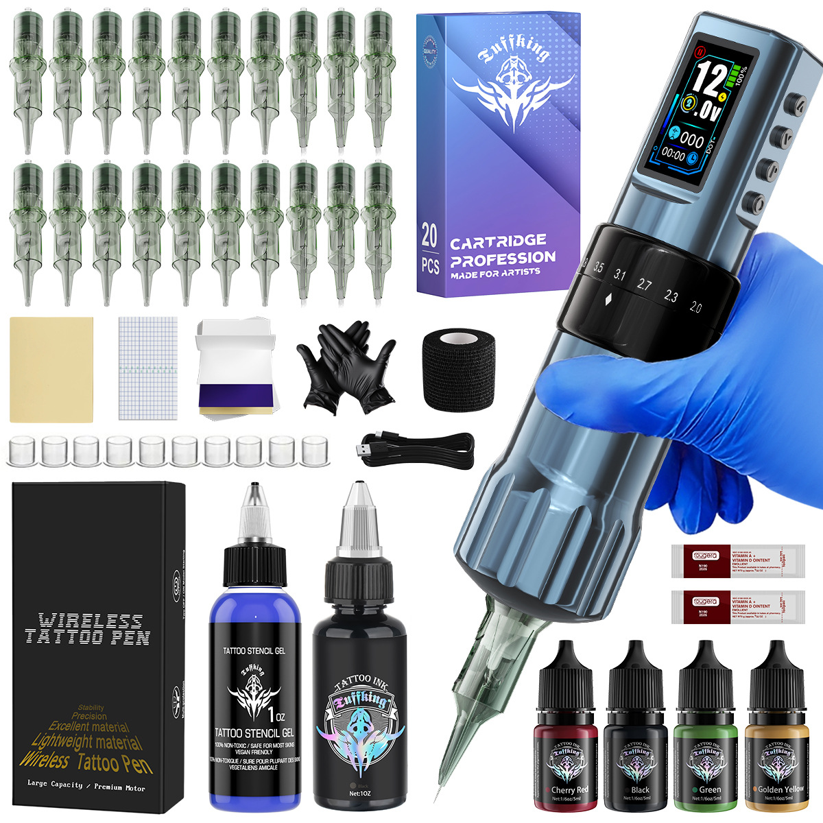 Máquina de tatuaje de doble batería ajustable, conjunto de taza hueca, motor de alimentación inalámbrica, pluma de tatuaje, herramienta de corte de alambre para tatuajes