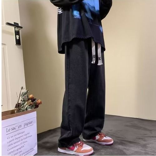 Men's Cozy Fleece Jeans for Autumn/Winter, American Retro Thick Straight Leg Wide Leg Pants, Trendy Brand Compatible