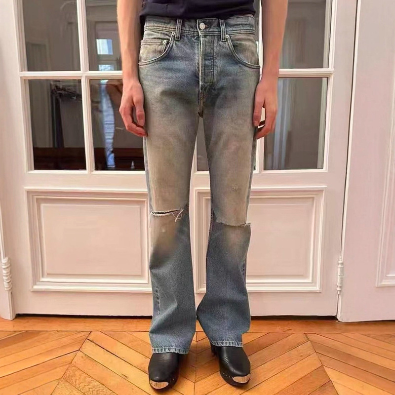 Erd Grjkd Lee Soo-Hyuk's Same Style Melancholic Rich Second-Generation Mud-Dyed Knife-Cut Destroyed Washed Bootcut Jeans for Men