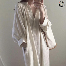 韩国宽松慵懒风小众棉麻衬衣裙女中长款V领过膝白色连衣裙子