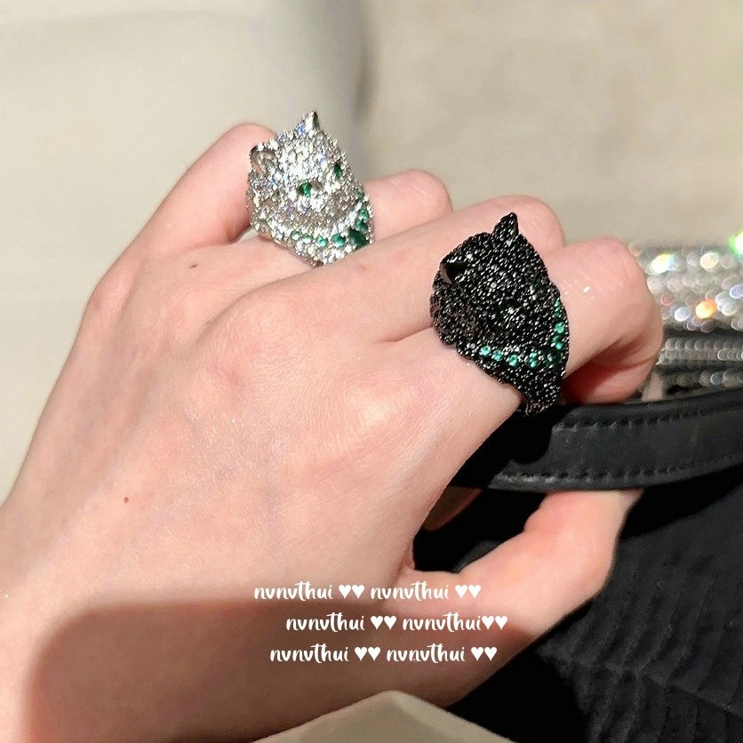 富丽堂皇孔雀绿宝石小猫戒指 Vintage镀18K金 贝壳玫瑰花锆石戒指