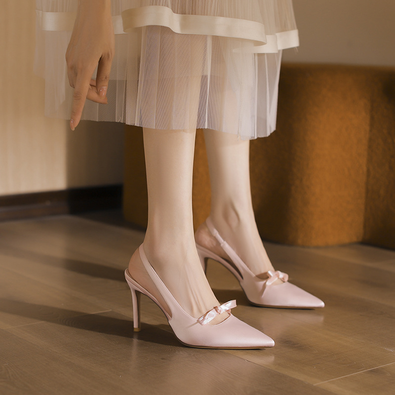 2024 Spring and Autumn New Style Backless Women's Shoes with Small Buckle, Pointed Toe, Thin Heel Sandals, Versatile Satin Bow High Heels