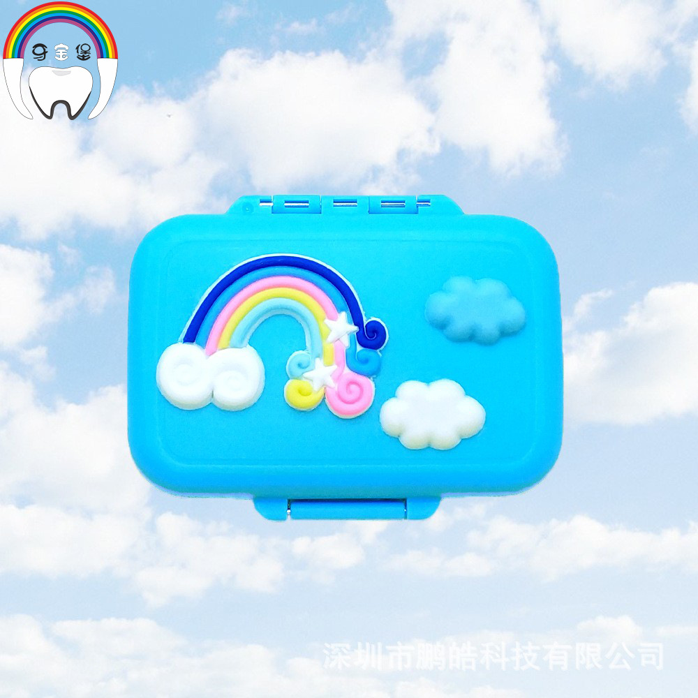 Caja de pezón de bebé de arco iris de silicona suave con pinzas pequeñas botella de pelo fetal Bola de algodón azul plástico Rosa Almacenamiento de cambio de dientes para niños