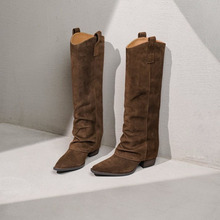 秋冬爆款美拉德色系尖头骑士靴辣妹时髦老钱风显瘦褶皱堆堆靴复古