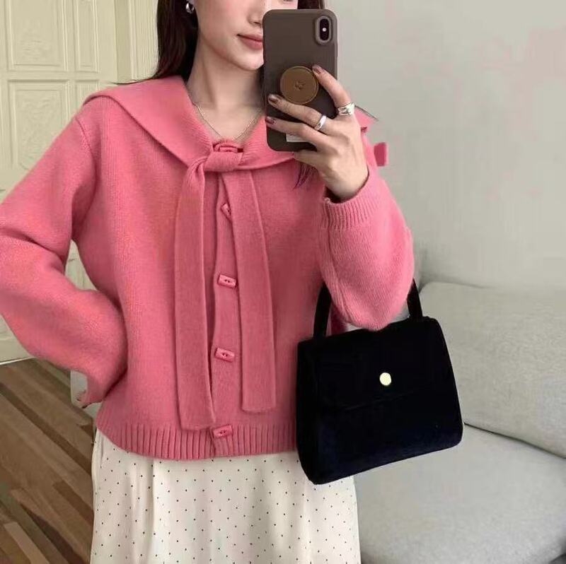 2025 New Navy Collar Pure Color Casual Fashion Elegant Versatile Age-Reducing Design Lazy Style Knitted Cardigan