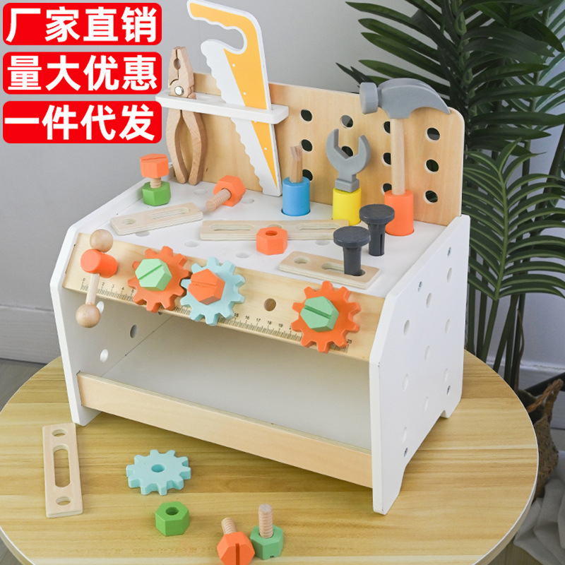 Juguetes transfronterizos CPC / CE niños caseros tornillo de madera tuerca martillo banco de herramientas conjunto de juguetes de jardín de infantes