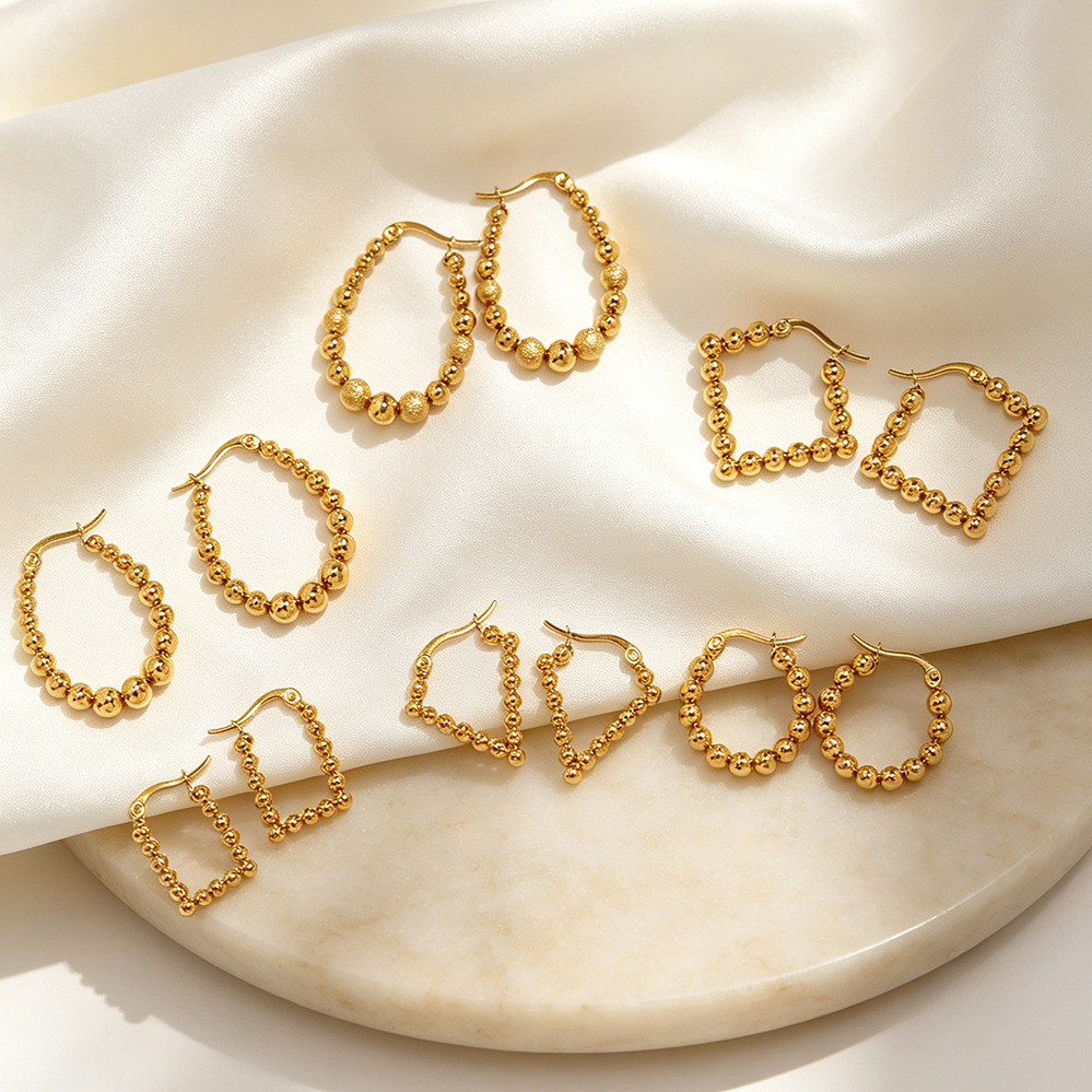 European and American cross-border best-selling stainless steel and titanium steel round bead, teardrop, heart-shaped, and geometric hoop earrings that won’t fade, designed for women