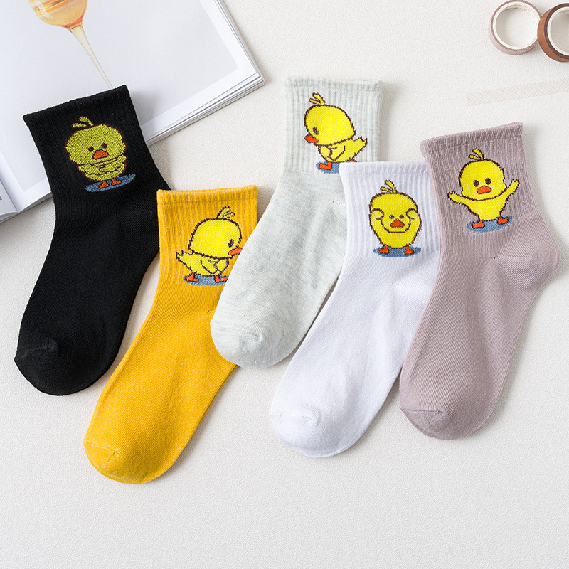 Zhuji socks women's Korean-style mid-calf length socks Harajuku style Japanese cartoon trendy college style cute yellow duck stockings Zhuji socks women's Korean-style mid-calf length socks Harajuku style Japanese cartoon trendy college style cute yellow duck stockings