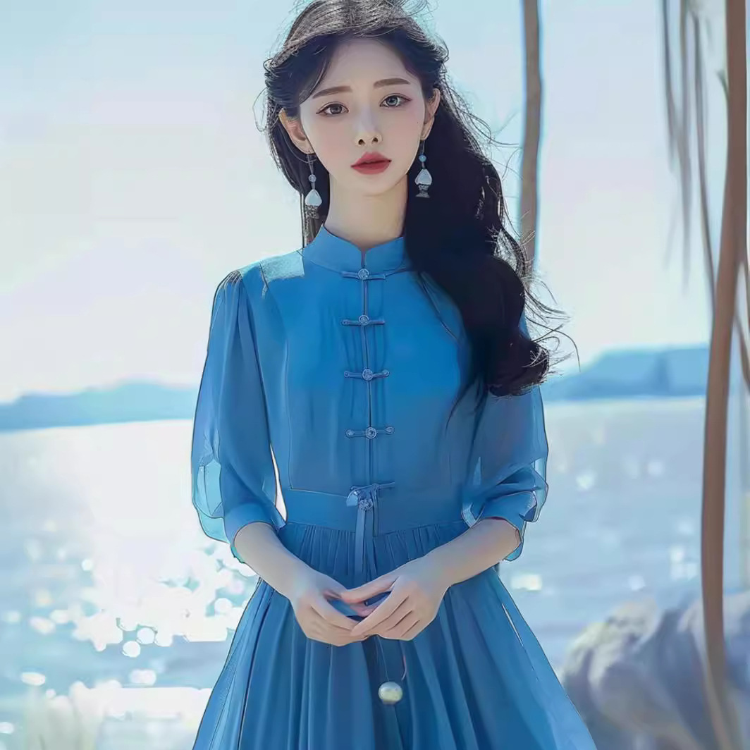Đầm maxi nữ phong cách Trung Hoa nhẹ nhàng, sườn xám cách tân mùa hè, tay ngắn, thắt eo — Màu xanh lam