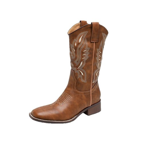 Cowhide Version ~ Genuine Leather Western Cowboy Boots for Women, New Arrival Embroidered Long-Height Knight Boots with Square Toe and Chunky Heel, Summer Style