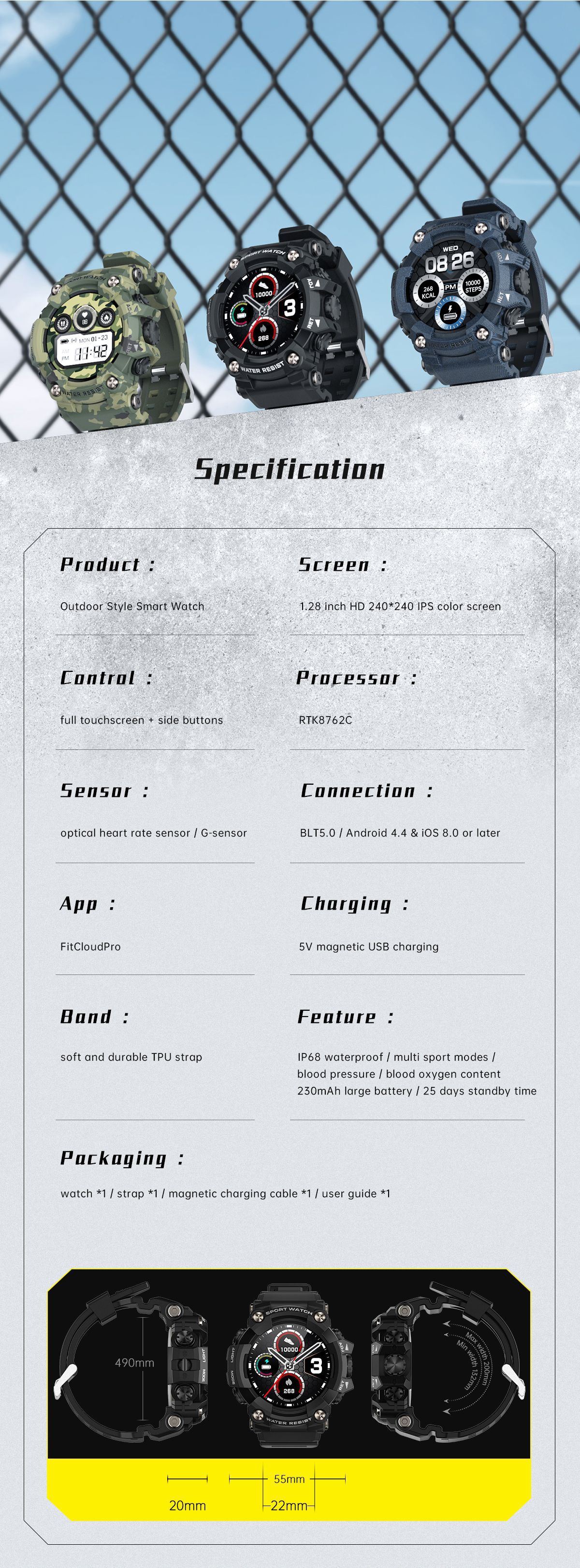 Nuovo orologio da uomo di vendita caldo T6 Tre prevenzione Sport all'aria aperta Smart Watch Full Circle IP68 da 1,28 pollici Impermeabile Modalità sportive multiple_voghion.com