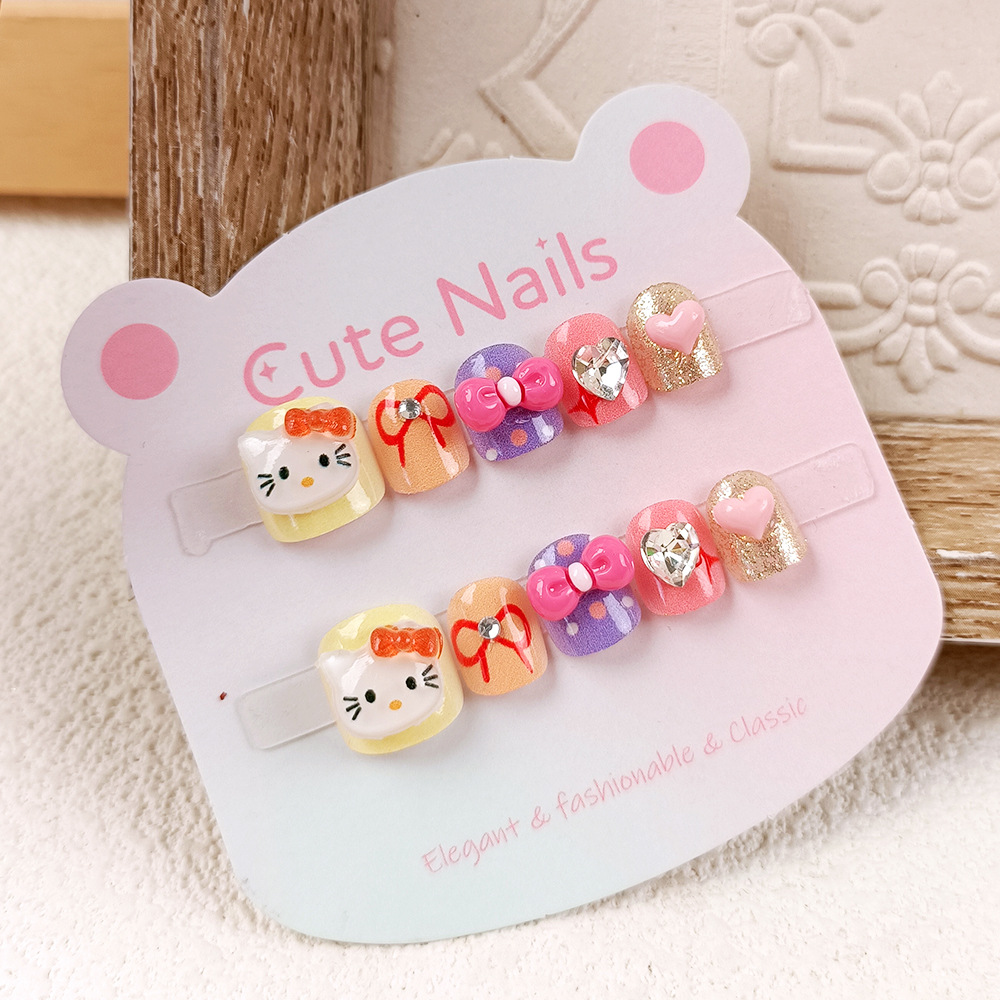 Parche de uñas de lazo para niños, uñas cortas de gato tridimensional 3D, 10 piezas de uñas para niños con diamantes