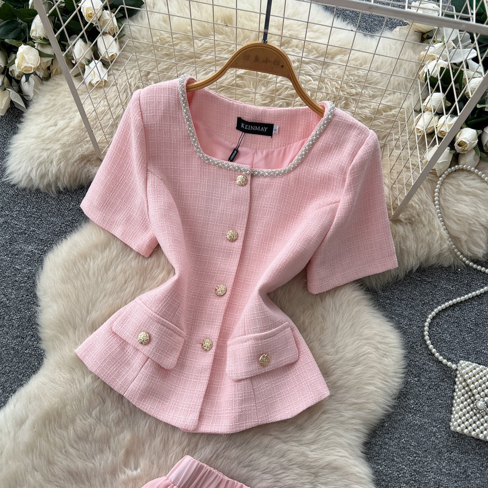 Inspired Women's Pink Two Piece Set Summer Short Sleeve High Waisted Pleated Skirt Sophisticated And Elegant_ecoleips.com