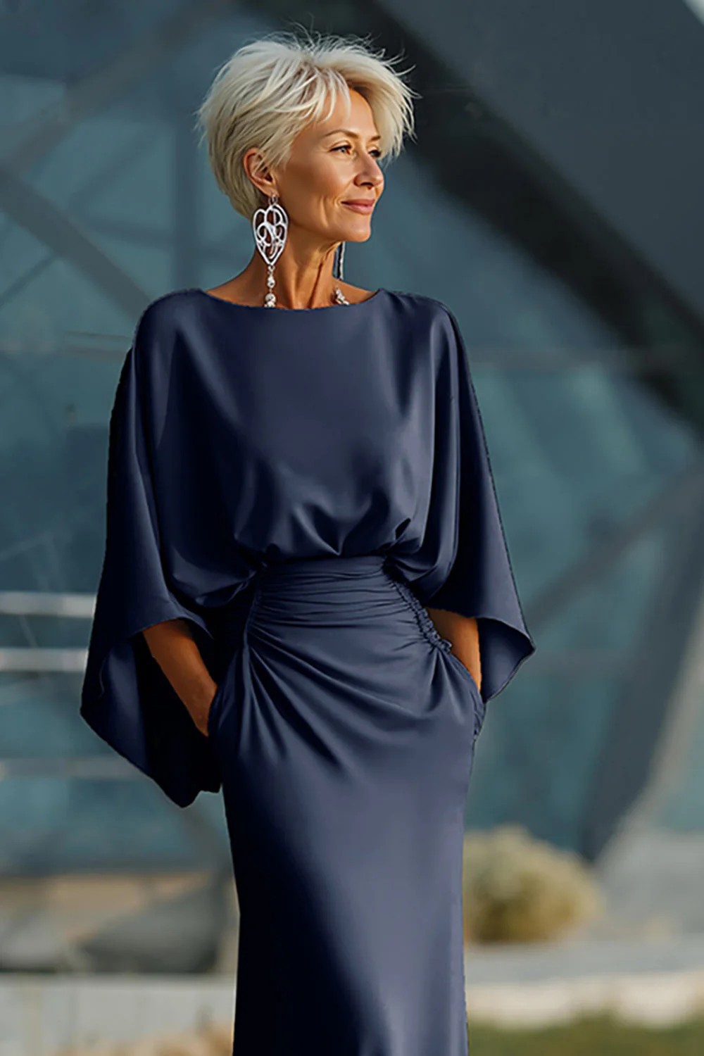 Elegant Backless Pleated Long Dress For Women American Style Slim Fit With Pockets New In Stock_ecoleips.com