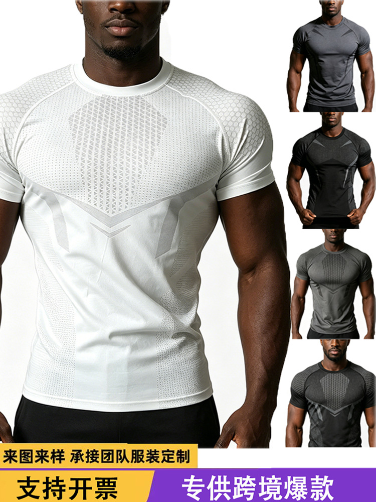 (Cross-border trading), quick dry elastic sports T-shirt for training for gym, American style, slim fit, with short sleeve