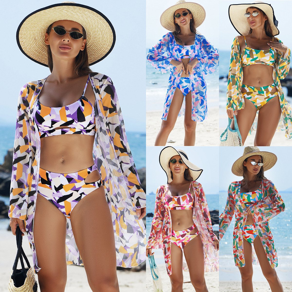 Traje de baño de mujer de moda europea y americana con estampado multicolor de alta gama Ming Yi Bikini de tres piezas Traje de baño de mujer sexy BIKINI