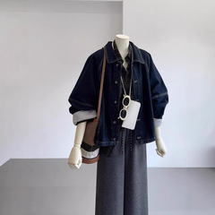 小香風レトロなラインのストライプのデニムのコートの女性の春秋の小さい背のゆったりしているbfの怠惰な風のカジュアルな上着の潮
