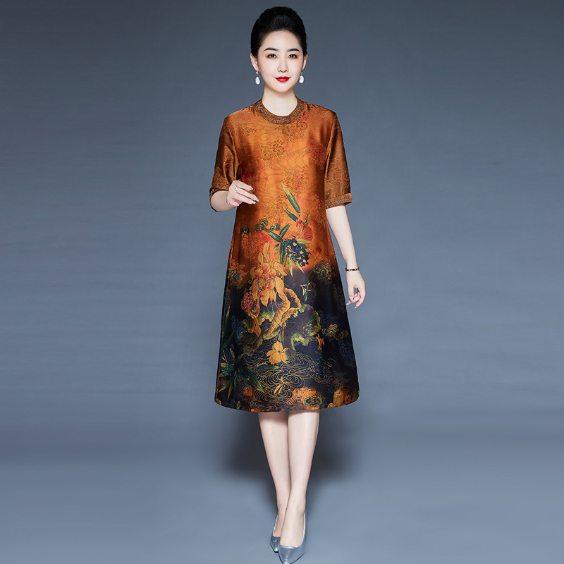 Mom's Summer New Chinese Style Skirt Temperament Printed Large Size Fashionable Middle-Aged and Elderly Women's Silk Dress