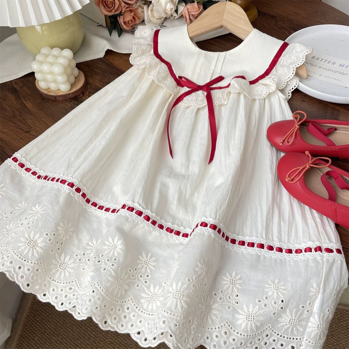 2025 Summer Girls Red Bow Lace Sleeveless Dress Baby Cotton Princess Dress Children's Dress