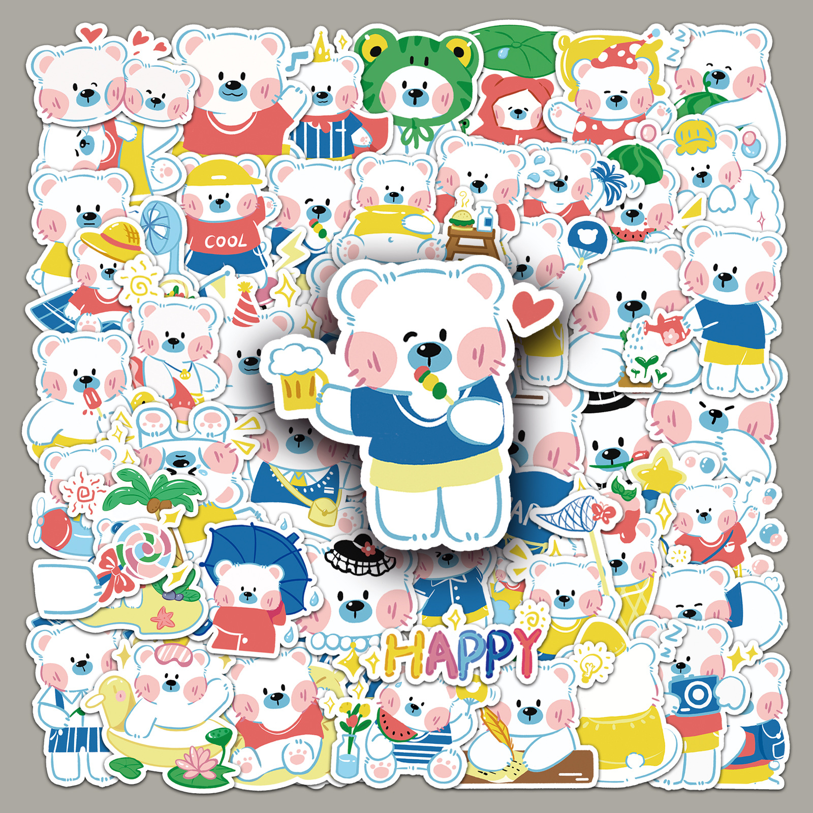 50 만화 원래 작은 흰색 곰 귀여운 낙서 장식 사진 앨범 휴대 전화 케이스 손 계정 컵 iPad 자동차 스티커