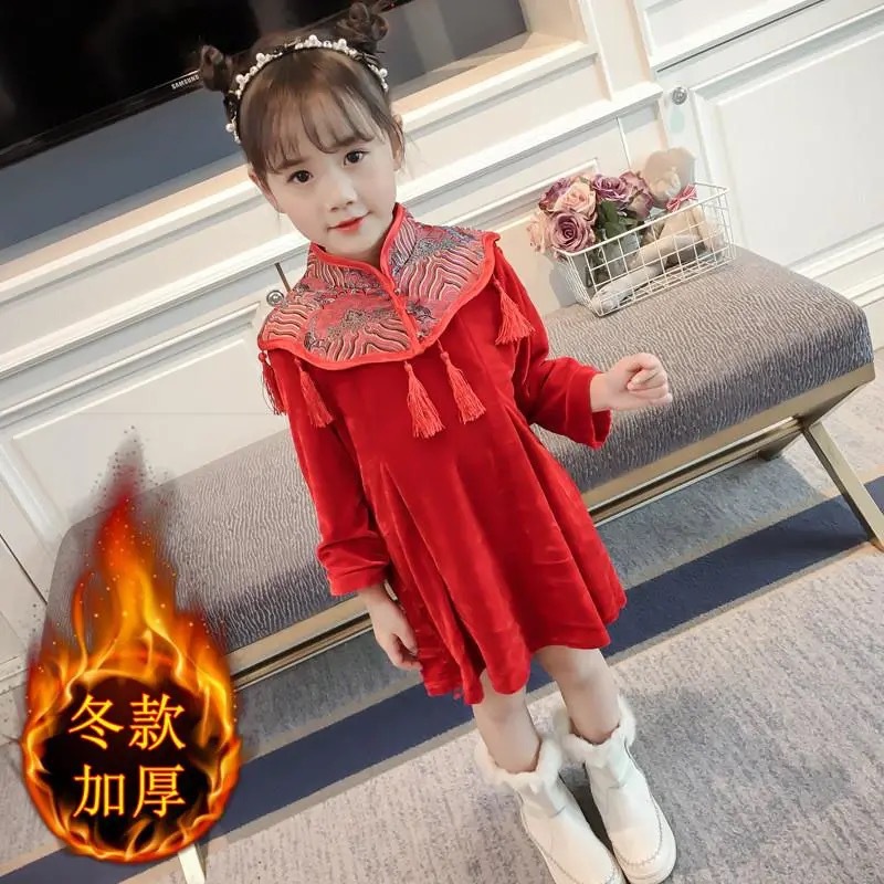 秋冬女童加绒加厚唐装旗袍连衣裙女孩喜庆拜年服裙子儿童过年童装