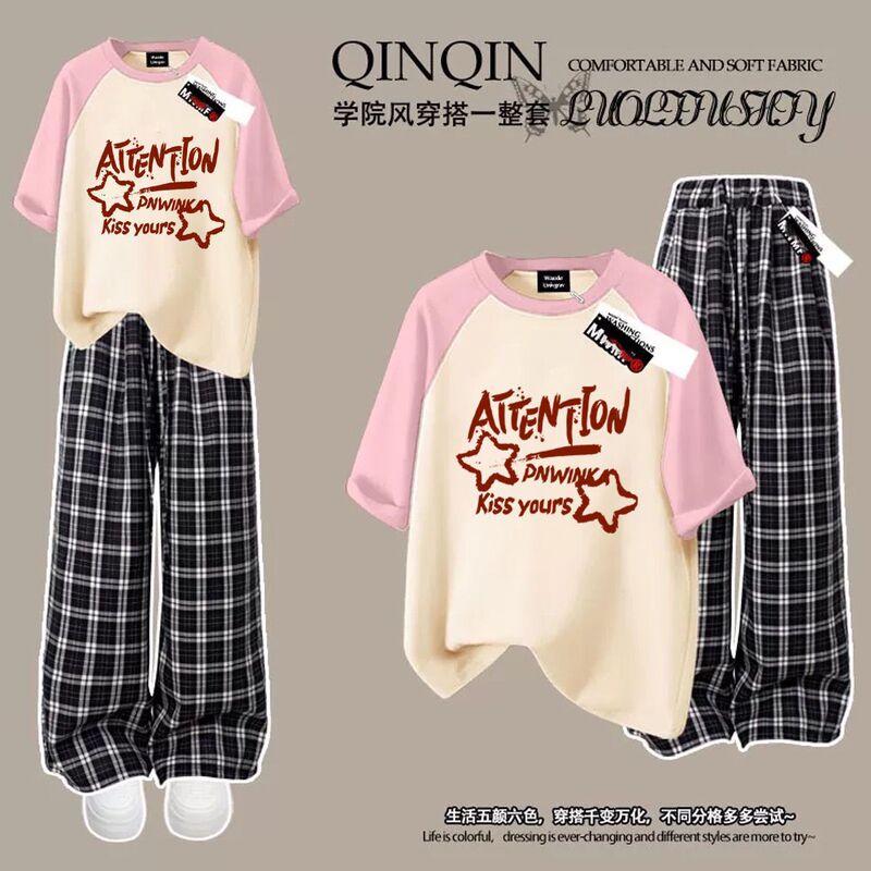 女子学生向けの夏の人気半袖Tシャツ単品/セット、甘いスタイル、ゆったりカジュアルなワイドパンツ、トレンドの2点セット|undefined
