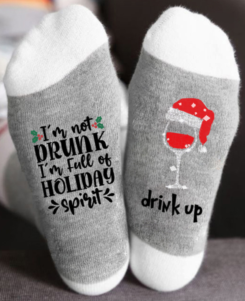 Calcetines navideños con letras de colores en contraste, estampado de muñeco de nieve, calcetines unisex de algodón con elementos navideños para comercio exterior.