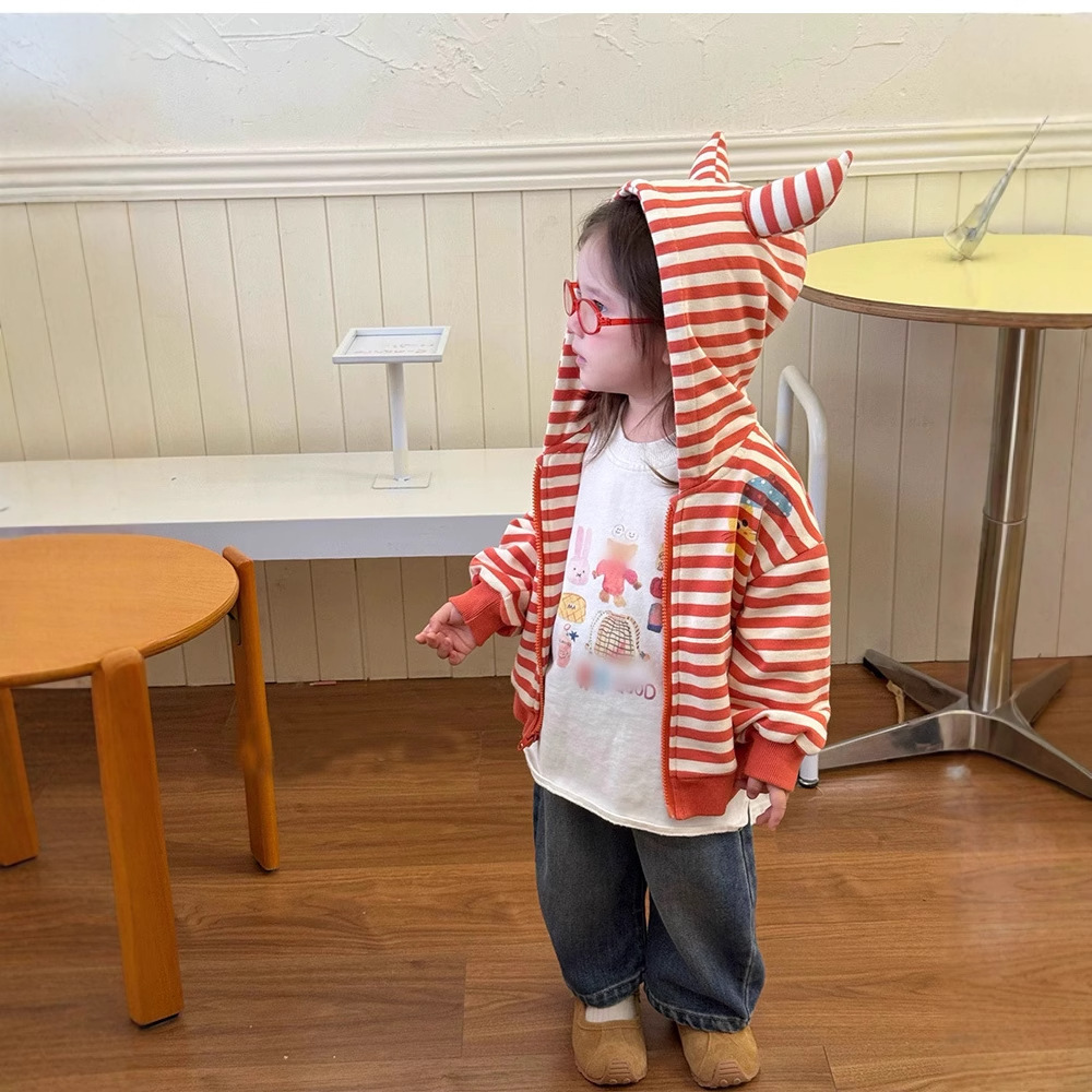 Girls' Hooded Jacket Spring 2026 New Korean Style Children's Striped Short Casual Stylish Zipper Cardigan