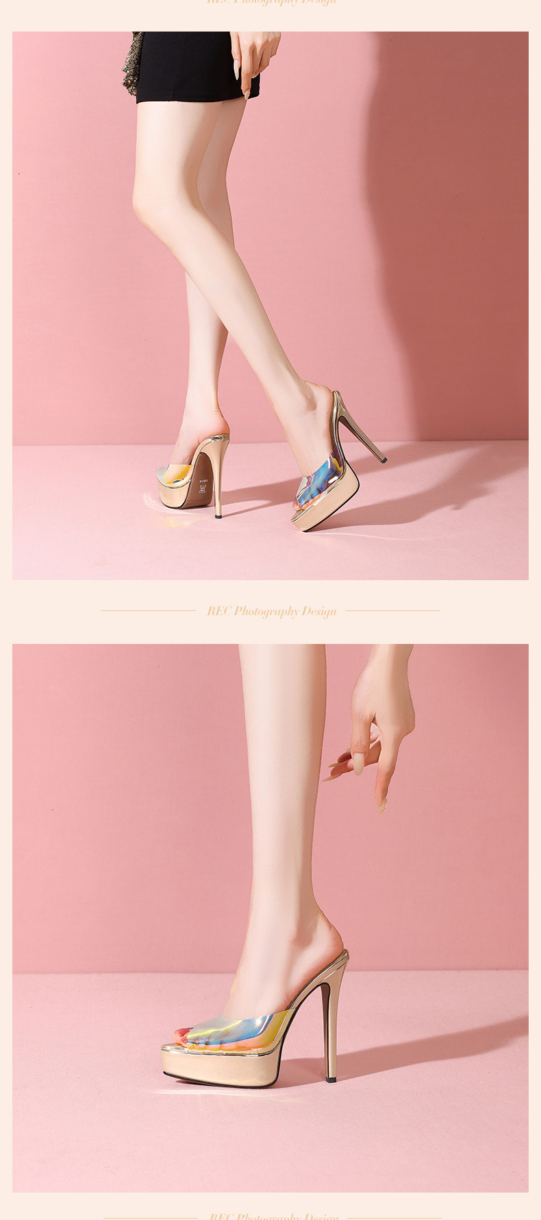 Sandal cao gót nữ mũi nhọn hở ngón, gót 14 cm, đế platform trong suốt — Vàng 14cm chi tiết 7
