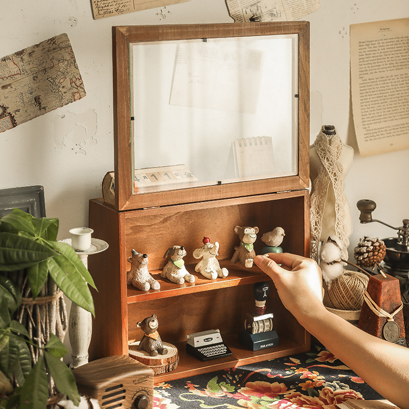 桌面马克杯子收纳盒玻璃茶具展示柜化妆品置物架口红防尘木质带盖