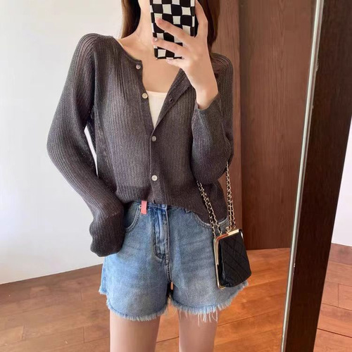 Summer Sheer Minimalist Ice Silk Outerwear, Openwork Knit Cardigan, Air Conditioning Shirt, Overlay Top, Sun Protection Women's Thin Outerwear