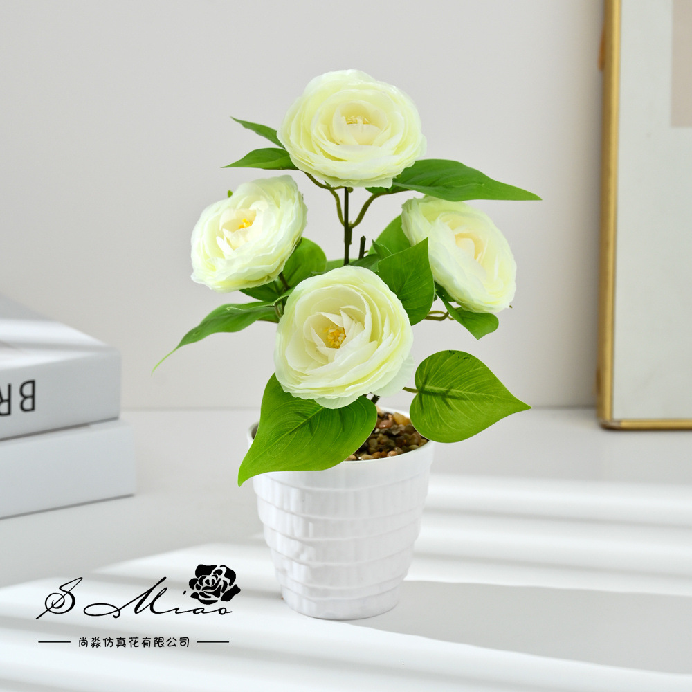 Transfronterizos 4 camellia pequeña imitación bonsai maceta flores falsas props de fotografía flores artificiales boda decoración del hogar adornos