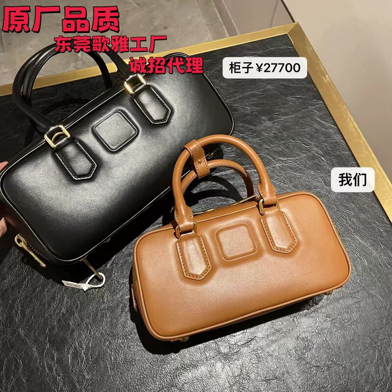 Original Leather Miu Bowling Bag Boston Bag Hand-Held Crossbody Bag Pleated Pillow Bag Cognac Ivy Bag