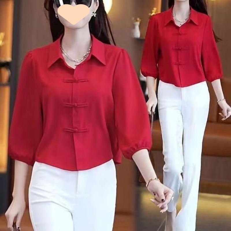 中国风衬衫女宽松显瘦百搭衬衣气质七分袖夏季肚子盘扣上衣女小衫|undefined