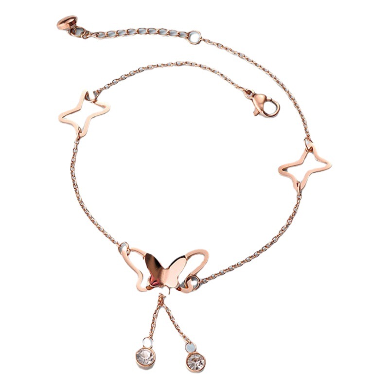 Wenjian estilo coreano elegante mariposa hueca con diamantes incrustados chica estudiante tobillera mujer Net rojo Mori estilo TikTok Pie de oro rosa