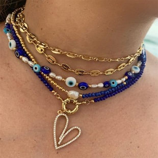 European and American ins pig nose chain beach style jewelry crystal glass eyes natural pearl necklace set short style