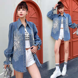 欧洲站新款重工烫钻蓝色牛仔衬衫女宽松韩版气质百搭衬衣